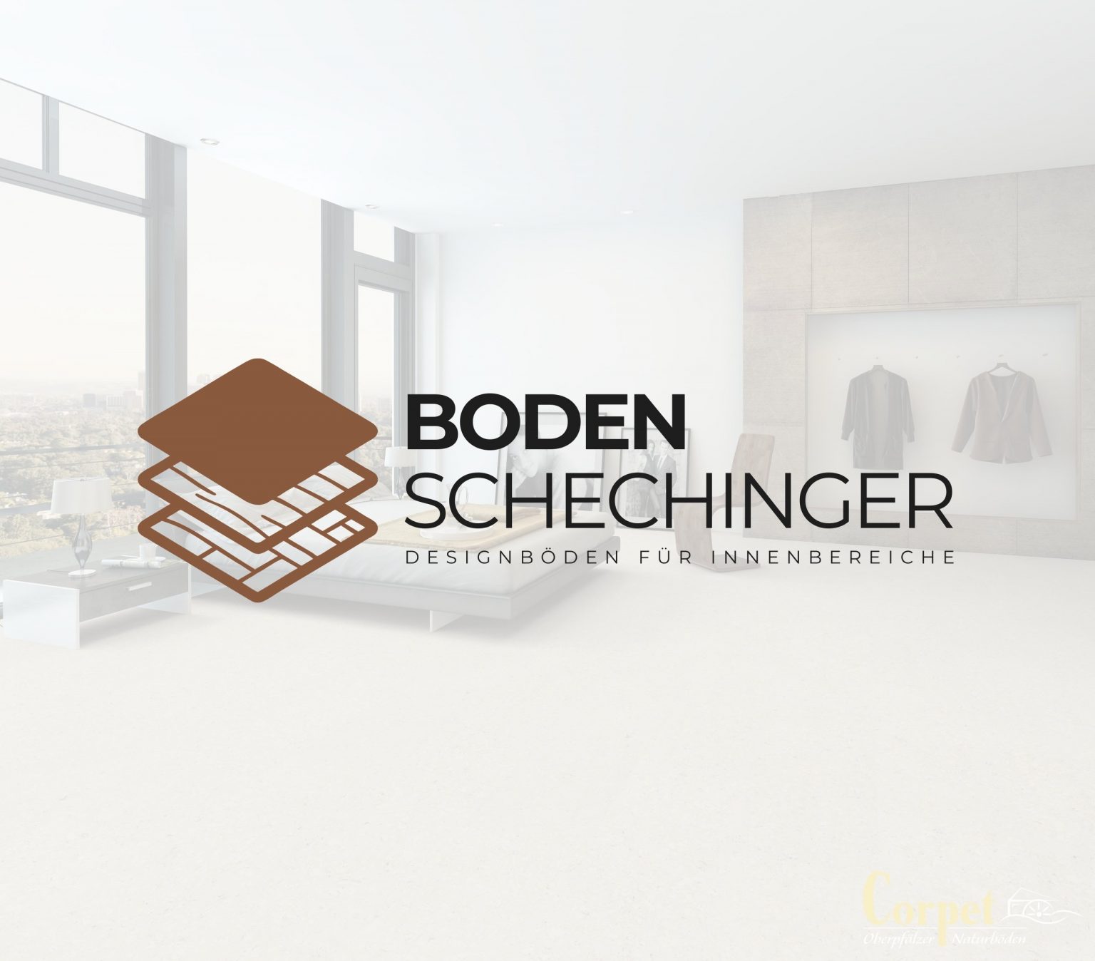 Boden Schechinger – Fachbetrieb für Designböden in Burgthann, Logo vor hellem Wohnraum